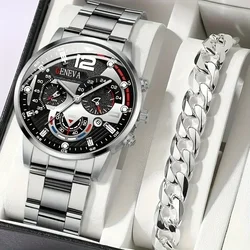 2pcs Stylish Round Face Quartz Watch Set for Men Accurate Date DisplayStainless Steel StrapZinc Alloy CaseCasual Elegant Design