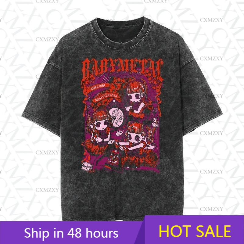 

Heavy baby metal band metal rock band old washed retro anime cartoon short sleeve t-shirt