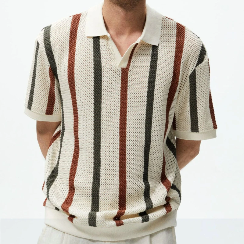 Summer New Short Sleeved Knit Men's Polo Shirt Panelled Lapel Trend Hollow Out Screw Thread Vertical Stripe Breathable Thin Tops