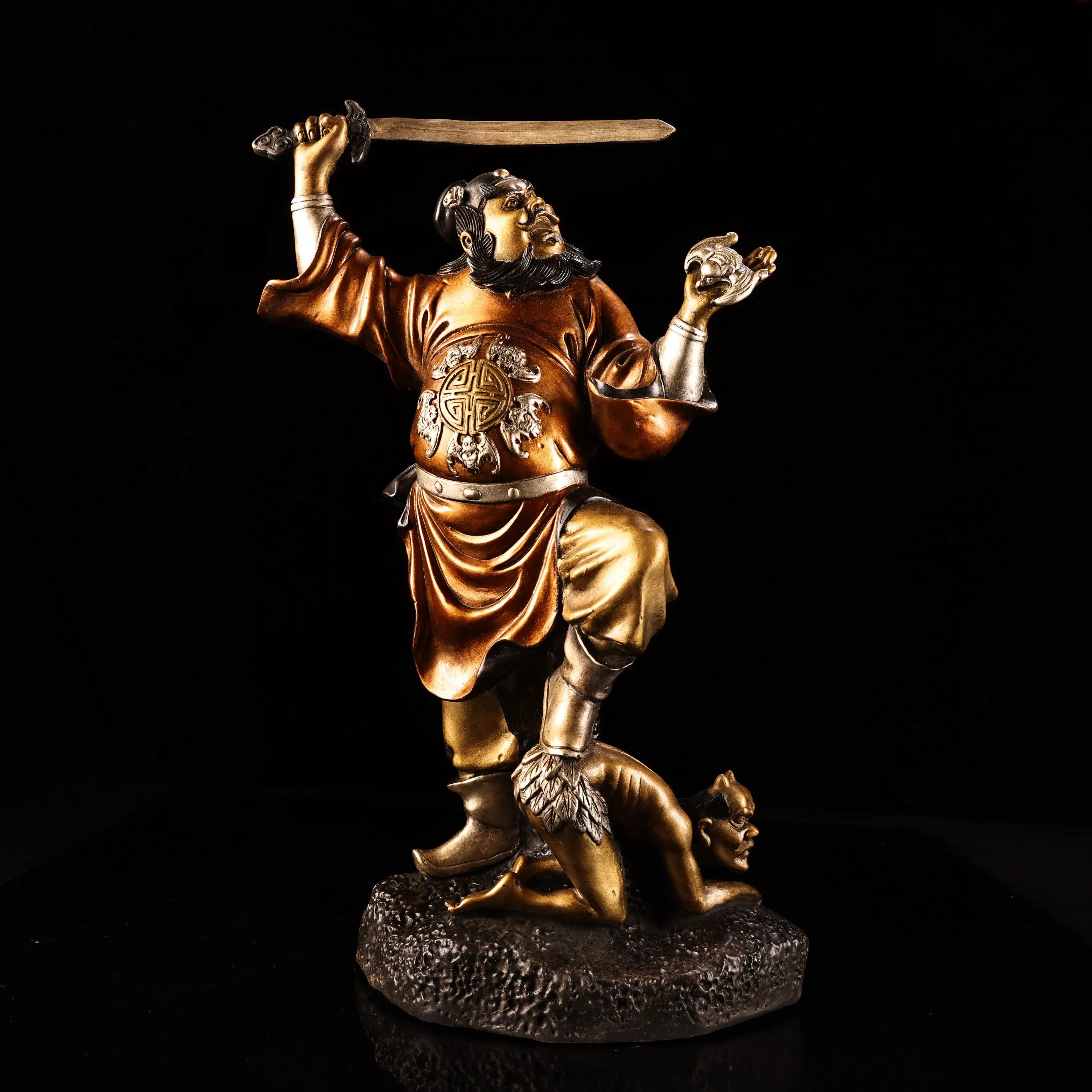 Vintage Chinese Bronze Gold Silver Painted Zhong Kui Statue Heavy Patina Fine Craft