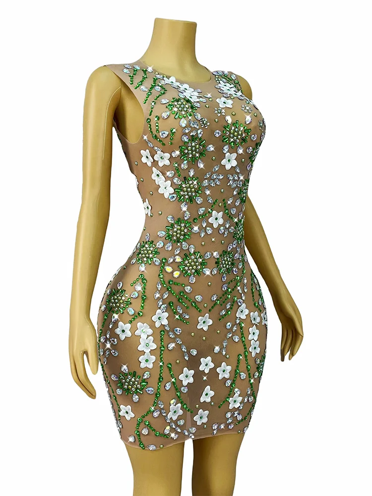 Krótka Elegancka Biała Sukienka z Kwiatami, Błyszczącymi Cyrkoniami, Seksowna Sukienka z Siateczki w Kolorze Nude, Damska Sukienka Koktajlowa na Imprezę, Suknia na Czerwony Dywan, Kostium Sceniczny