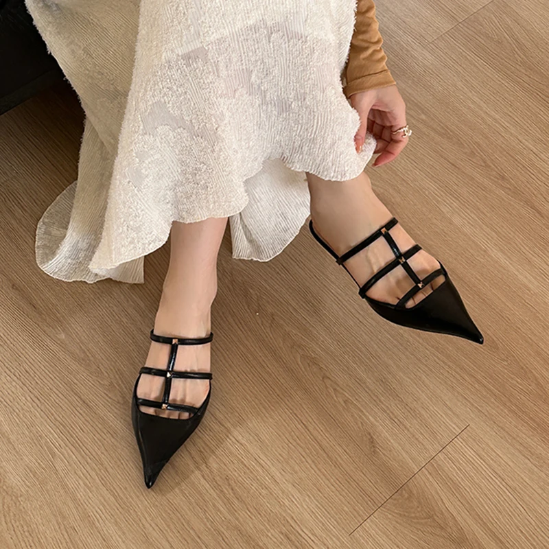 Kcenid Narrow Band Low Heels Banquet Party Shoes Ladies Slippers New Design Rivet Pointed Toe Summer Pumps Women Shoes Sandals