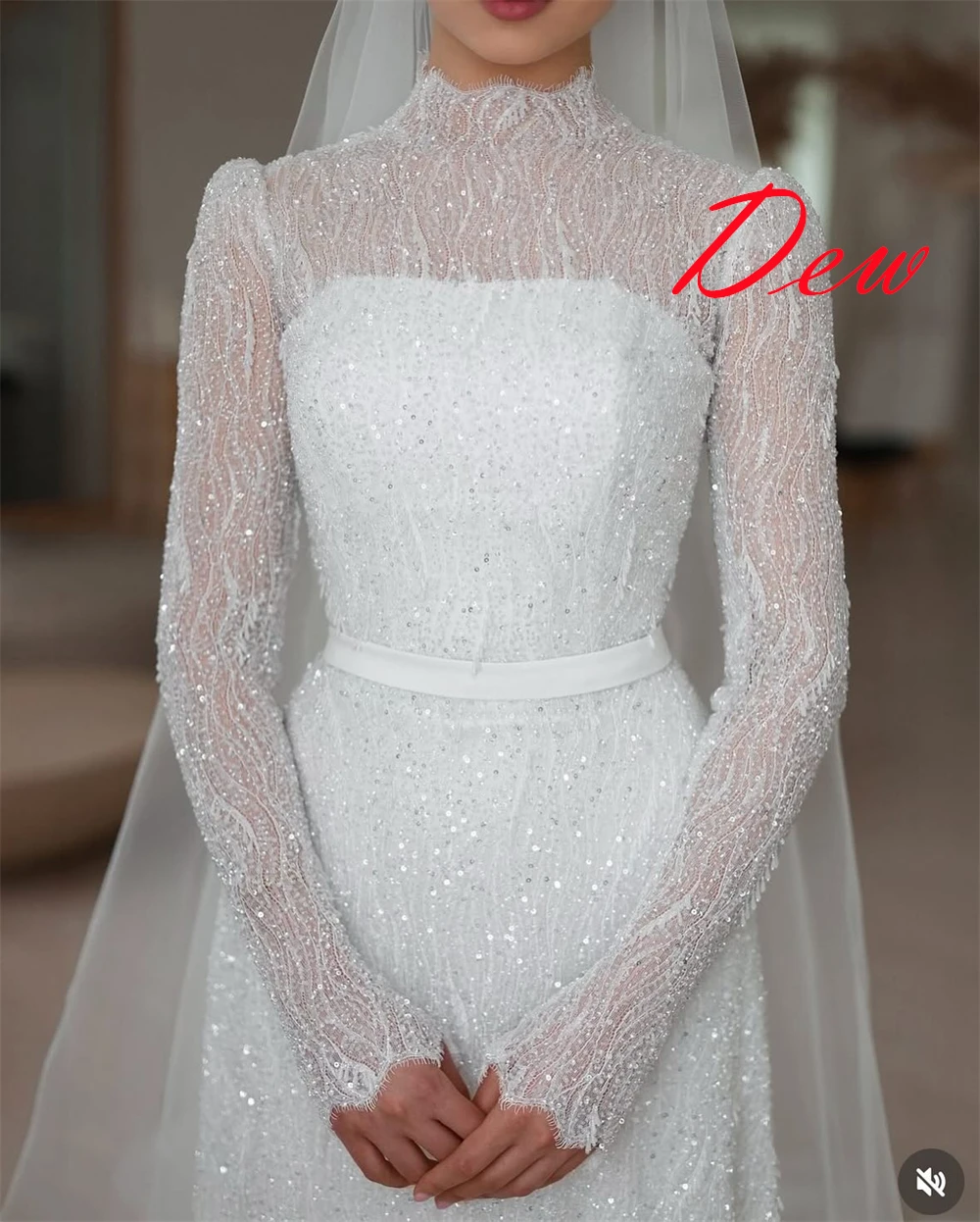 맞춤 제작 고품질 화이트 오간자 브라이덜 가운, 우아한 크루넥 긴팔 스팽글 웨딩드레스, 채플 트레인 드레스