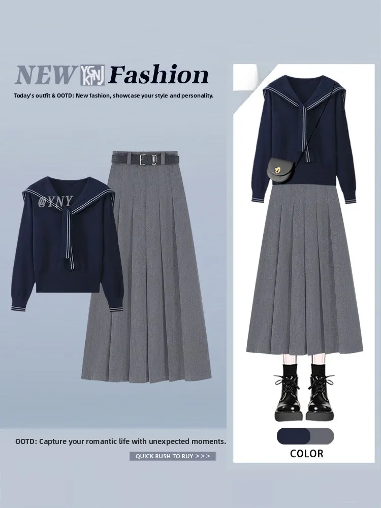 

Fall Korean Sle Navy Collar Knitted Sweater High Waist Slimming f Skirt Two-Piece Set Women's Faion Casual Outfit