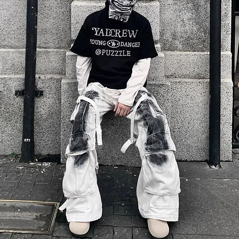 

Women's Design Inkjet Dirty White Cargo Jeans Denim Trouser Autumn Unisex Streetwear Female Casual Wide Leg Pants
