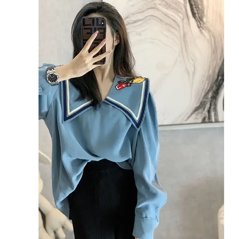 Fashion Spliced Lapel Loose Blouse All-Match Women's Clothing 2024 Fall Winter New Pullovers Casual Oversized Sweet Shirt LJ536