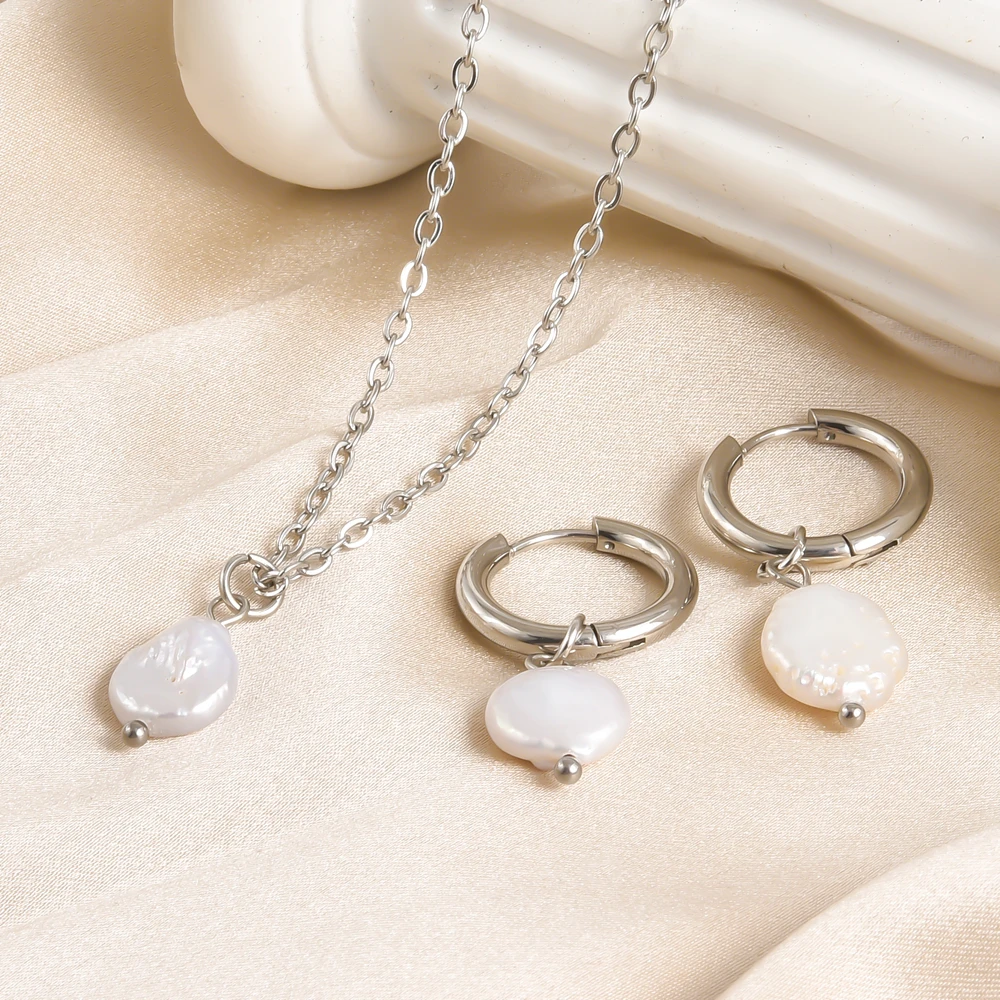 Irregular Flat Round Natural Pearl Necklace & Hoops Earrings Set