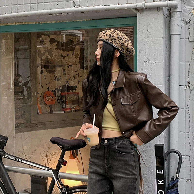 Vintage Pu Leather Short Jackets Women Motorcycle Cropped Coat Streetwear Korean Spring Autumn Brown Casual All Match Outerwear