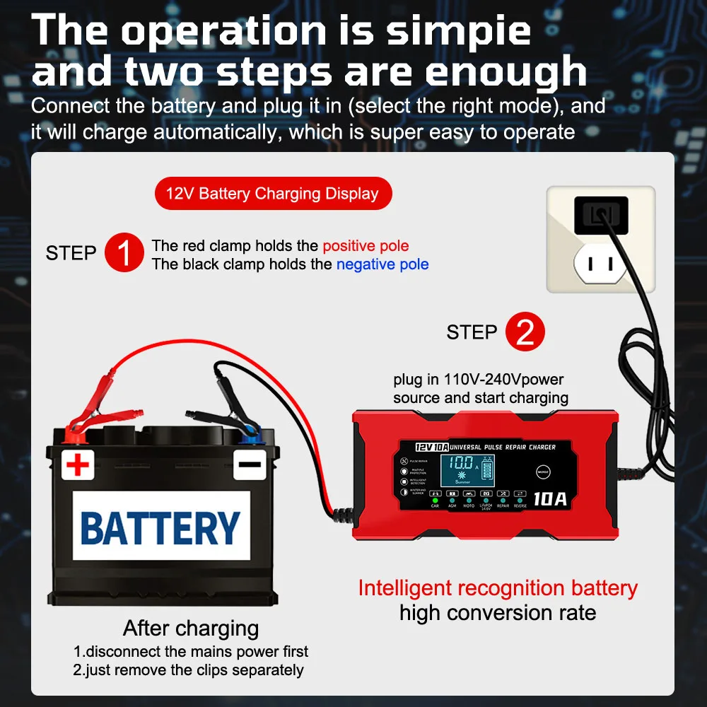 Ładowarki akumulatorów 10A 12V do akumulatorów AGM GEL kwasowo-ołowiowych / akumulatorów litowo-żelazowych 14,6V, inteligentna ładowarka impulsowa do naprawy akumulatorów samochodowych