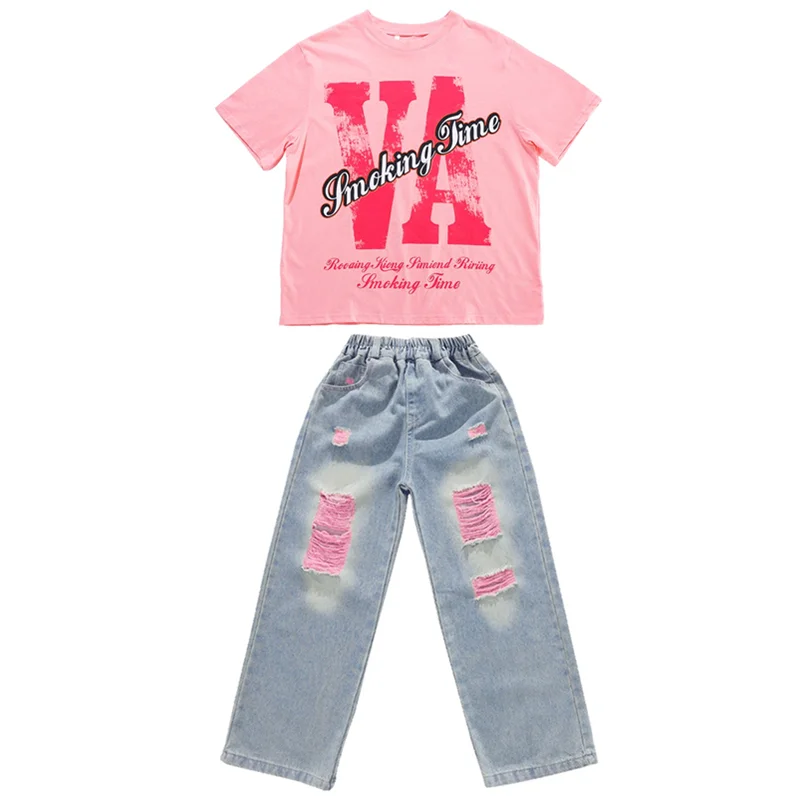 Girls Streetwear Street Dance T-shirt Pink Loose Jeans Hip Hop Clothes Sets Kids Jazz Ripped Denim Pants Outfits Teen Costumes