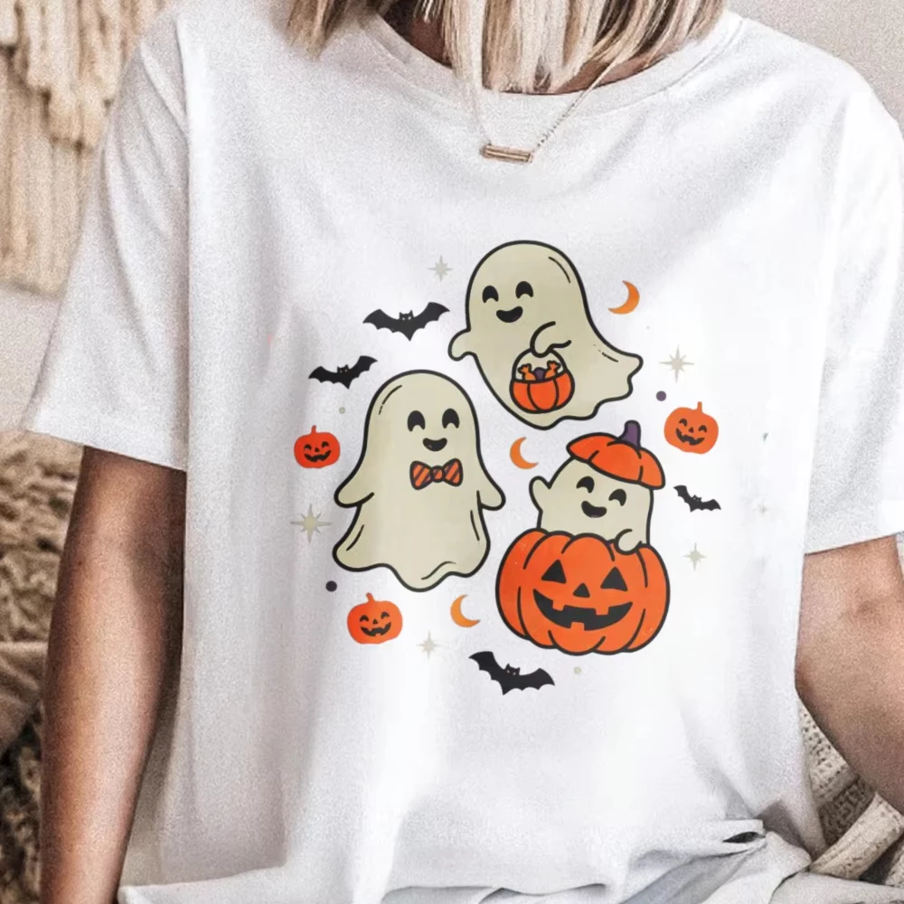 Fashion Halloween Boxy Tshirt Cute Ghost Tee Pumpkin Graphic Top Boxy Spooky Season Outfit Retro Fall Style Halloween Party Tops