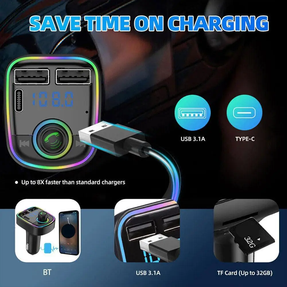 Car Bluetooth 5.0 FM Transmitter PD Type-C Dual USB 3.1A Player MP3 Handsfree Light Ambient Colorful Modulator
