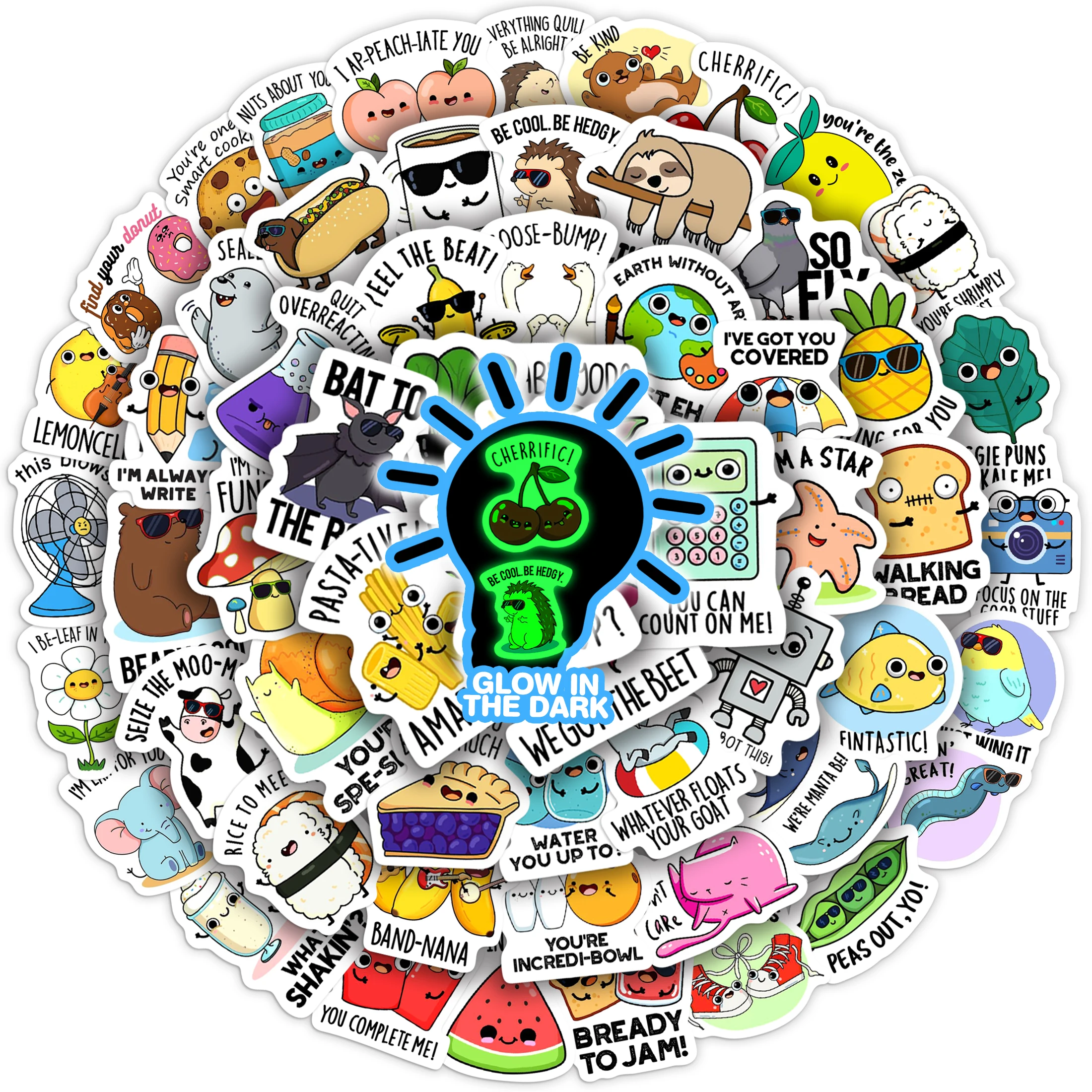 

50pcs Glowing Cute Pun Stickers - Funny Food & Animal Designs for Laptops, Water Bottles & Phone Cases