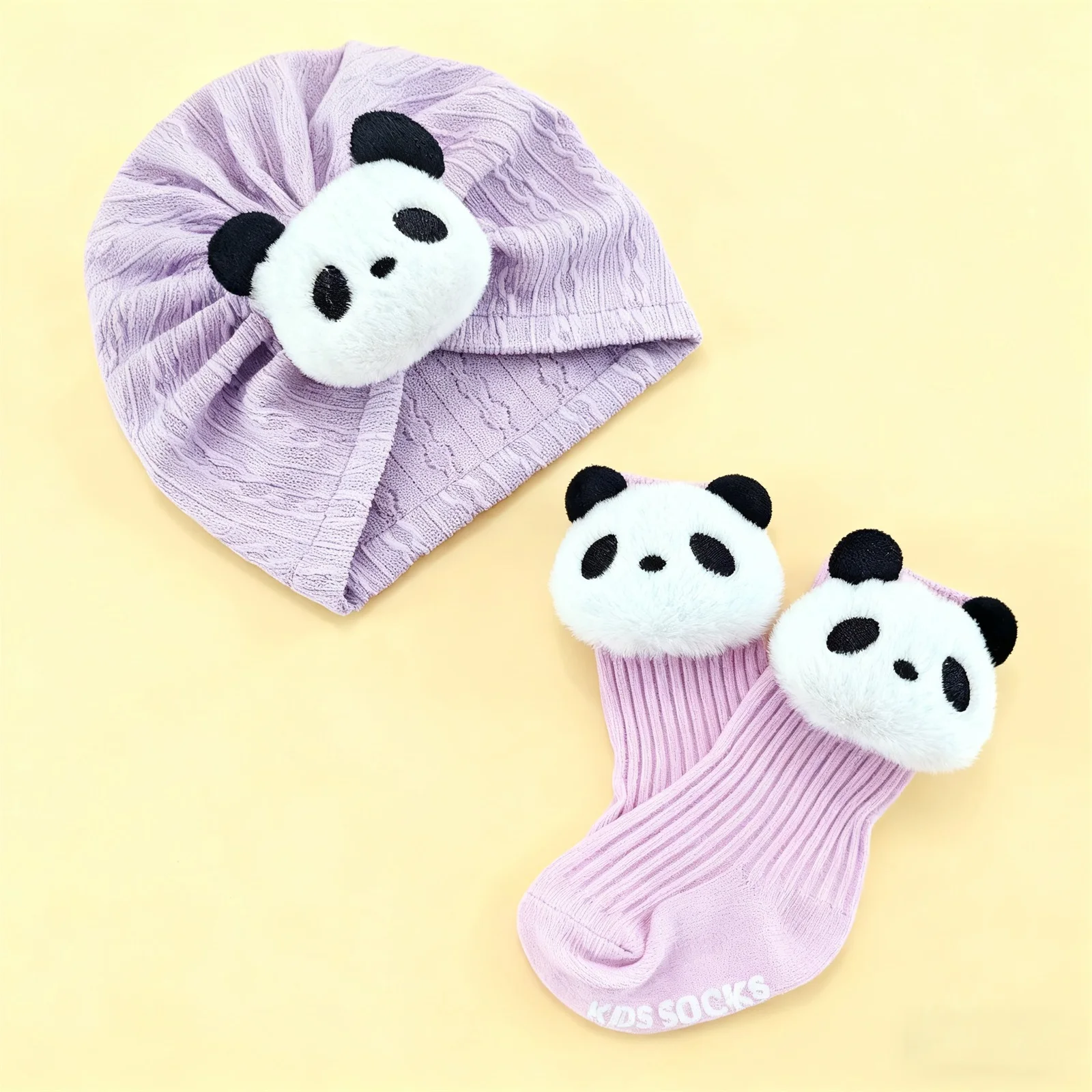 Toddler Baby Girl Cute Hat Set, Elegant Sweet Cartoon Panda Soft Turban Hat with Socks Newborn Present