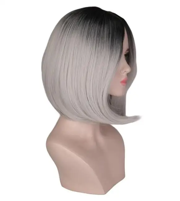 Synthetic Two Tones Ombre Wig Women Short Bob Style Cosplay Black To Grey Gray Purple Green Straight SyntheticHair Wigs