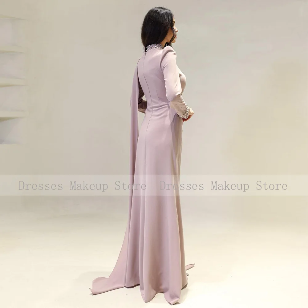 Pink Evening Dresses Crystal High Collar Full Sleeves Satin Wedding Guest Gowns for Women Mermaid Luxury Formal Party Dress Long
