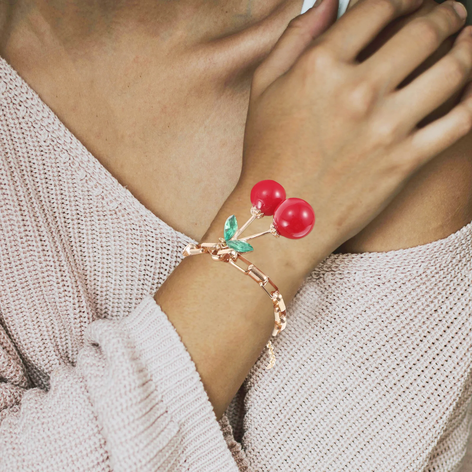 

Cherry Bracelet Red Fruit Design Green Leaf Charm Women Fashion Jewelry Gift For Any Occasion Hand Chain Fruit Keychain