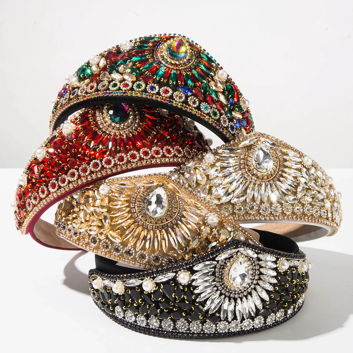 European and American Retro Glass Rhinestone Pearl Crownheadband Luxury Baroque Wide Brim Hair Accessory for Women