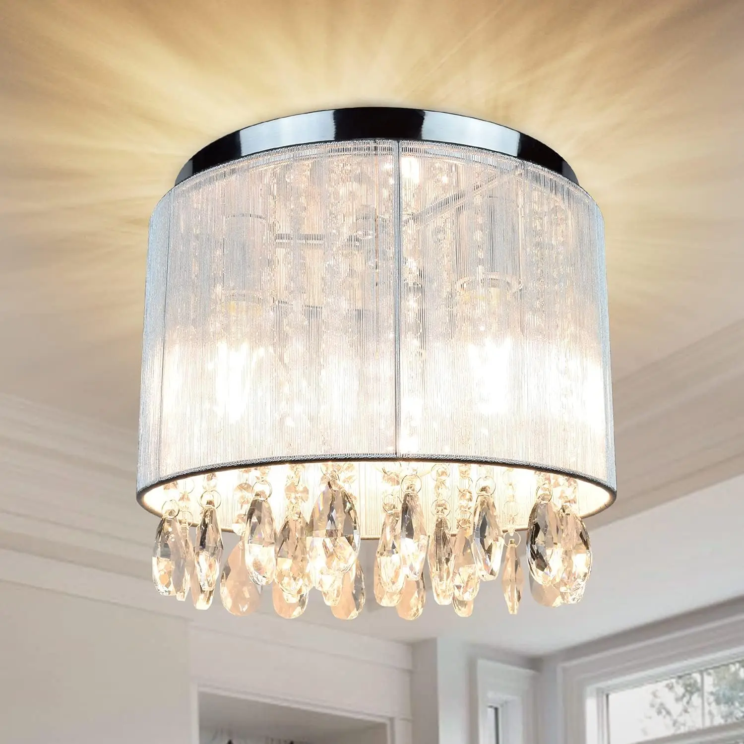 

Depuley Crystal Chandeliers Flush Mount Ceiling Lighting Fixture with Cylinder Net Lamp Shade for Living Room Hallway Entrance