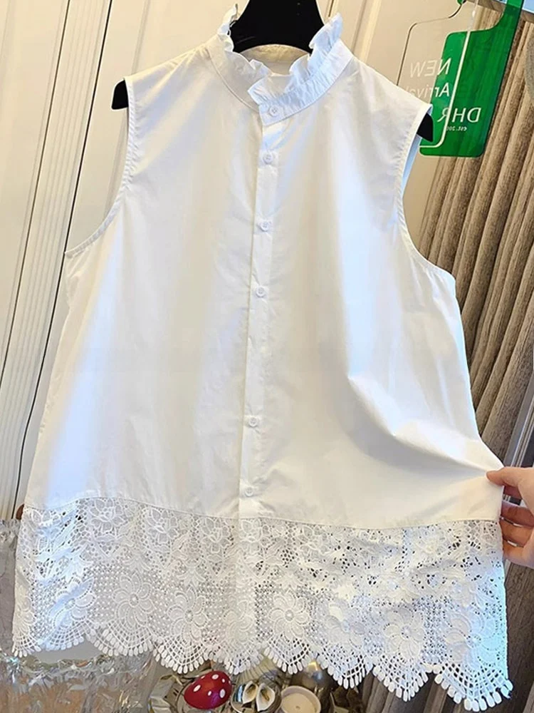 

Casual Lace Patchwork Shirt Sleeveless Kimono Vest Layered Top Women Comfortable Design Korean Style Straight Cut Button Detail