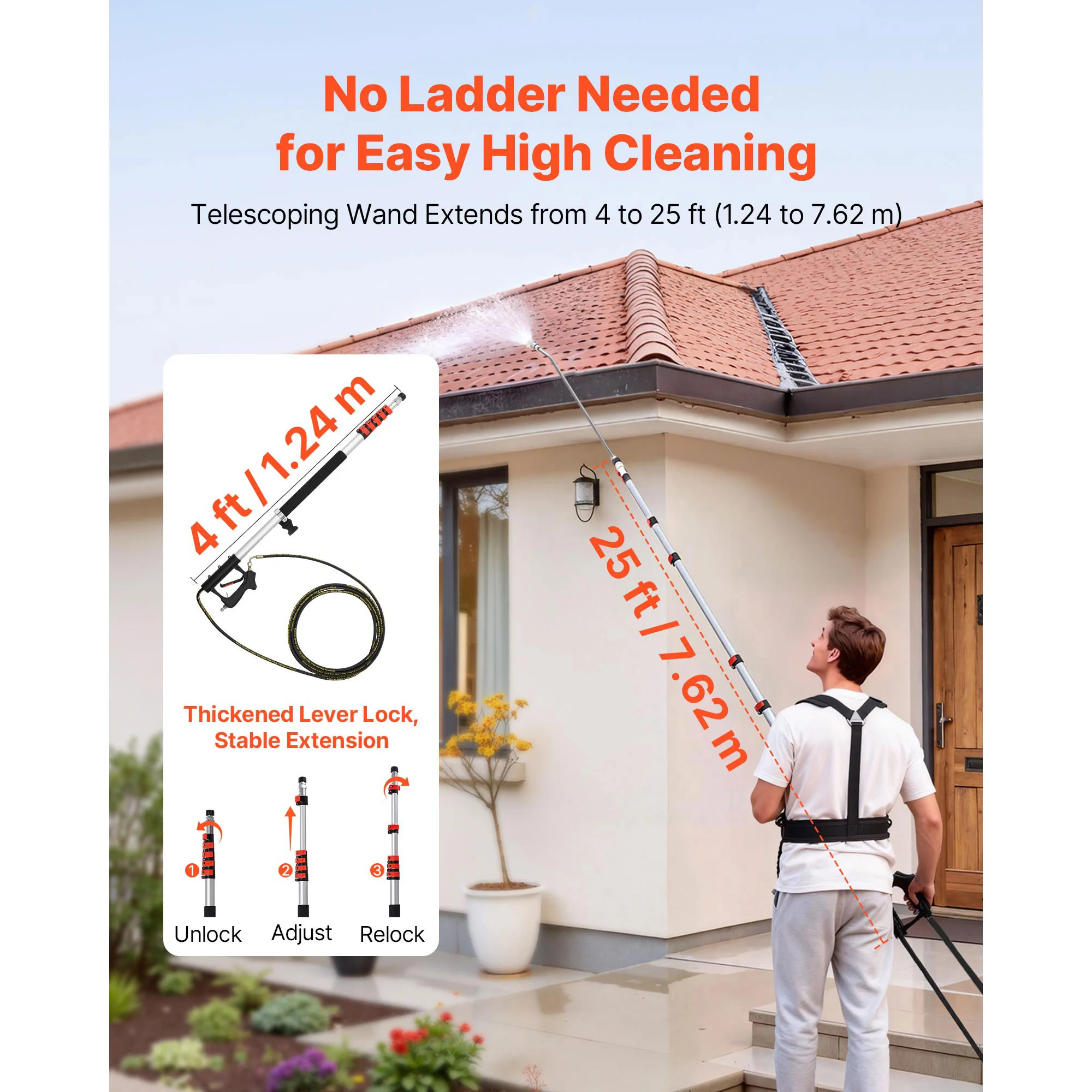 25 FT Pressure Washer Telescoping Wand, 7 Nozzles, 4000 PSI for High Cleaning, Brush Head, Hose Adapter, Upgrade Support Belt, Storage Bag, Featuring Power Washer Extension Wands & High Pressure Hose
