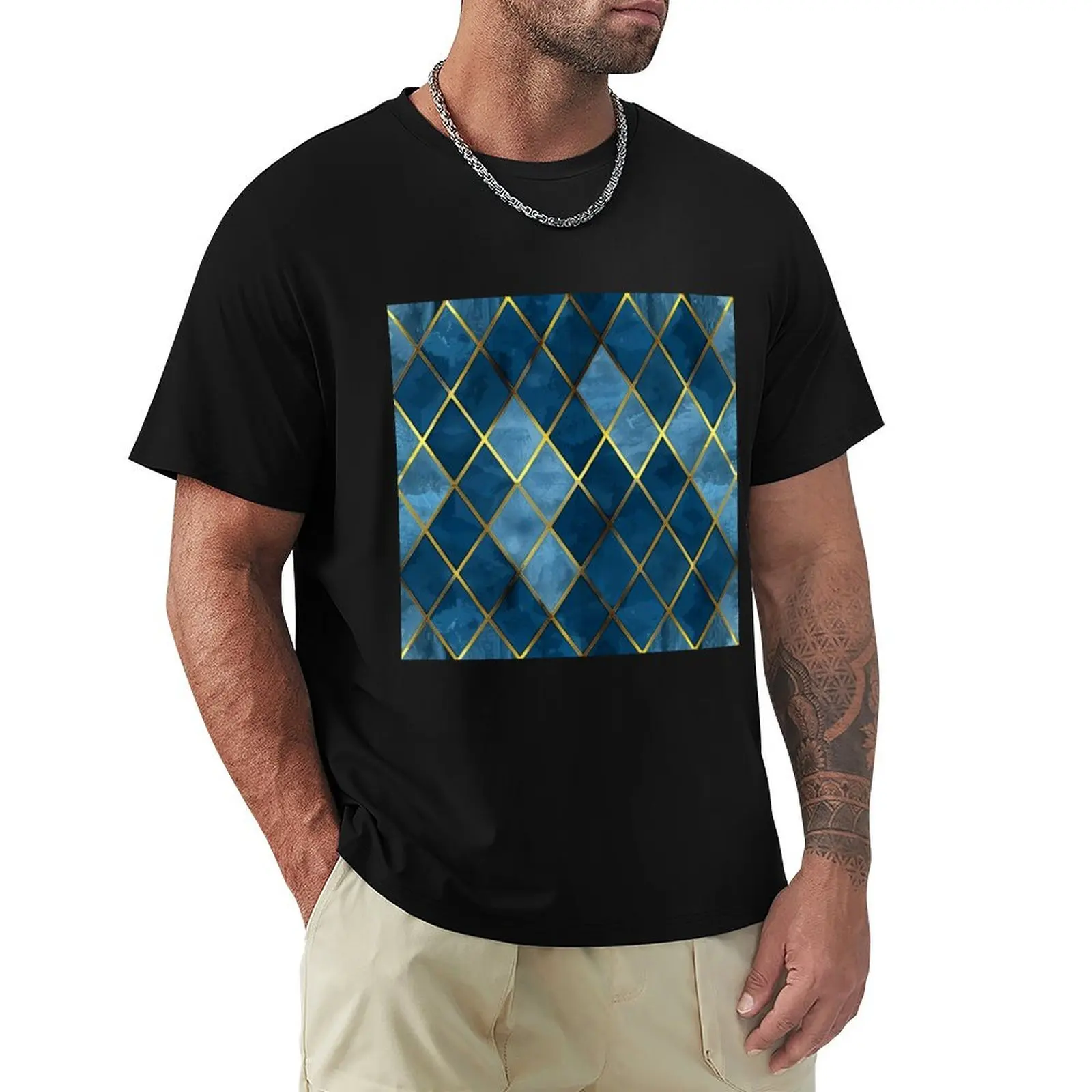 Blue Gold windows tiles motif pattern design T-Shirt Moisture Control Sports Tee