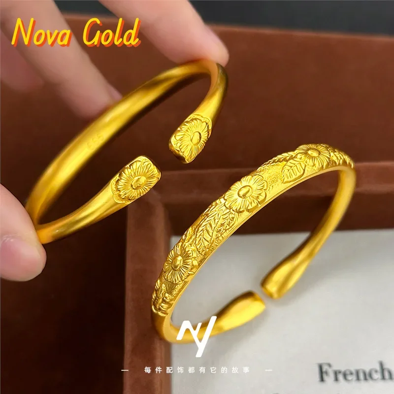 NovaGlod New Chinese design ethnic style 24K real gold open-ended blooming pinellia pinellia 9999 bracelet open-ended female bra
