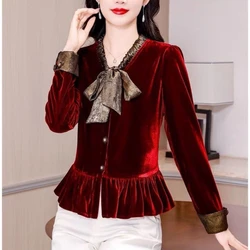 Gold Velvet Solid Short T Shirts Spring Autumn New Long Sleeve Bow Lacing Pleated Vintage Tops Elegant Fashion Women Clothing