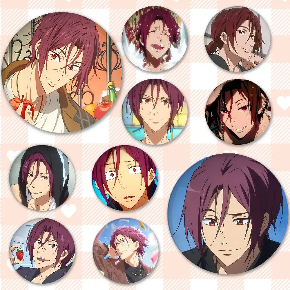 Anime Cartoon Rin Matsuoka Badges Peripheral Lapel Pins Tinplate Round Brooch For Shoulder Bag Accessories Souvenir Gifts