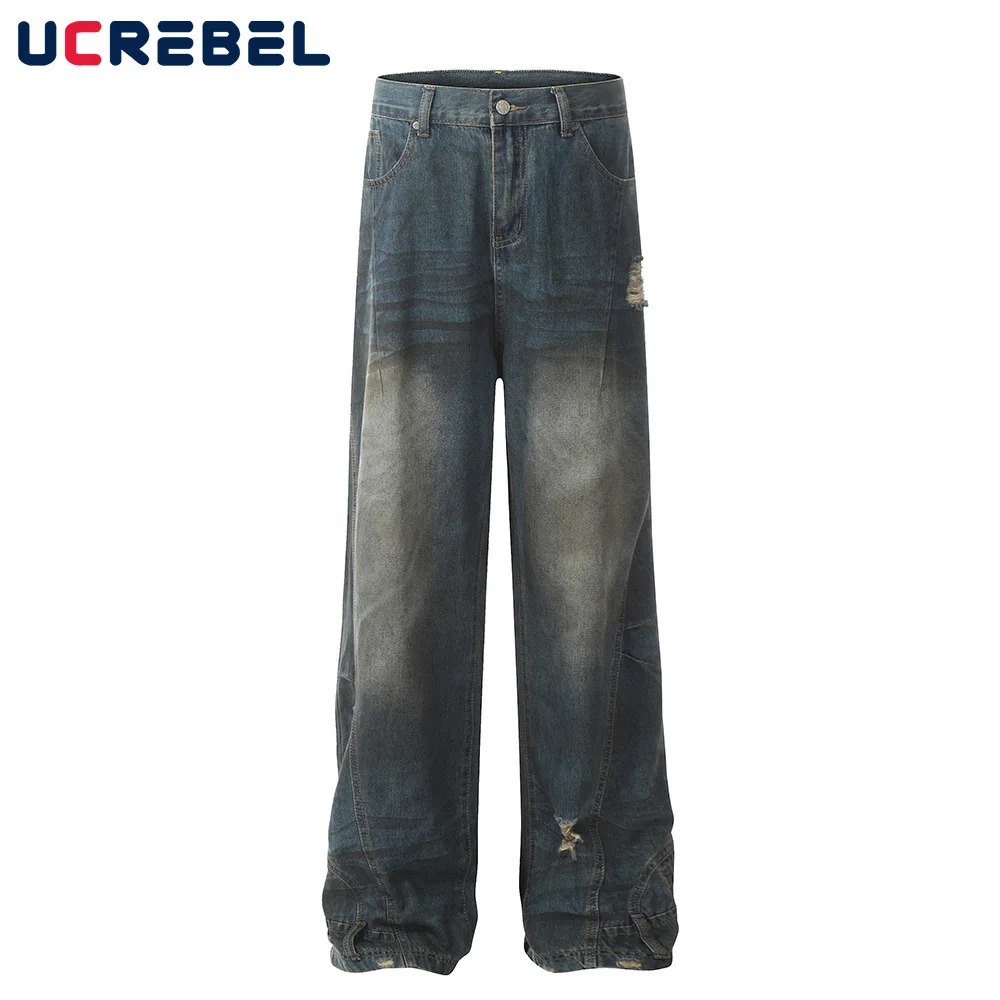

Ripped Spliced Washed Distressed Jeans Mens High Street Wide leg Dirty wash Denim Pants Loose Trousers