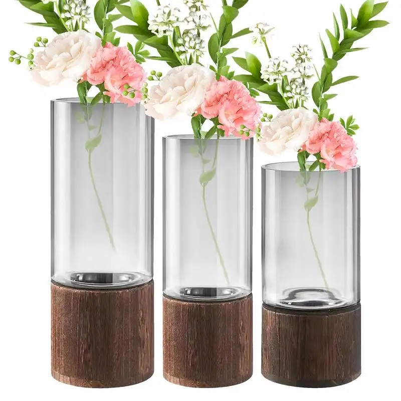 

Clear Flower Vase Cylindrical Flower Glass Vase with Wooden Base Rustic Style Flower Arrangement Pot for home decorations