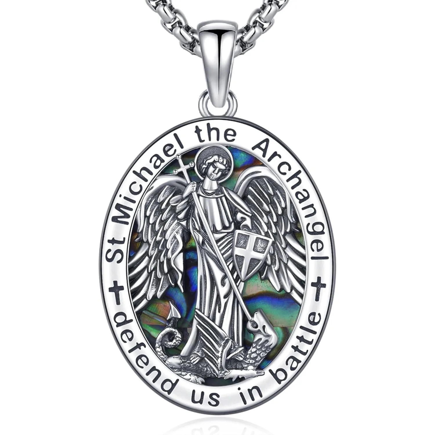 Saint Michael Necklace 925 Sterling Silver St Michael Abalone Shell Medal Pendant  Amulet Jewelry Gifts for Men Women Christmas