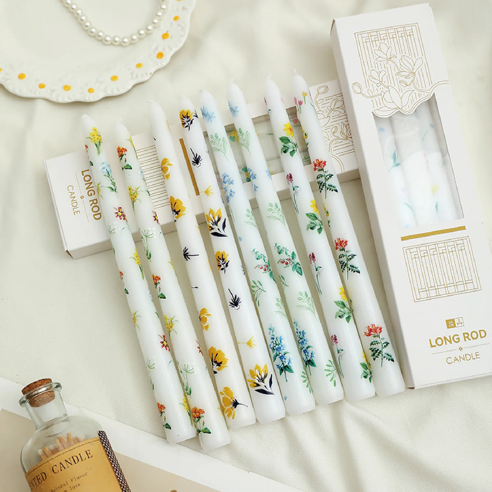 2pc 25cm European-style Long Pole Floral Printed Candle, Smokeless Home Atmosphere Decoration Candle For Wedding And Festival