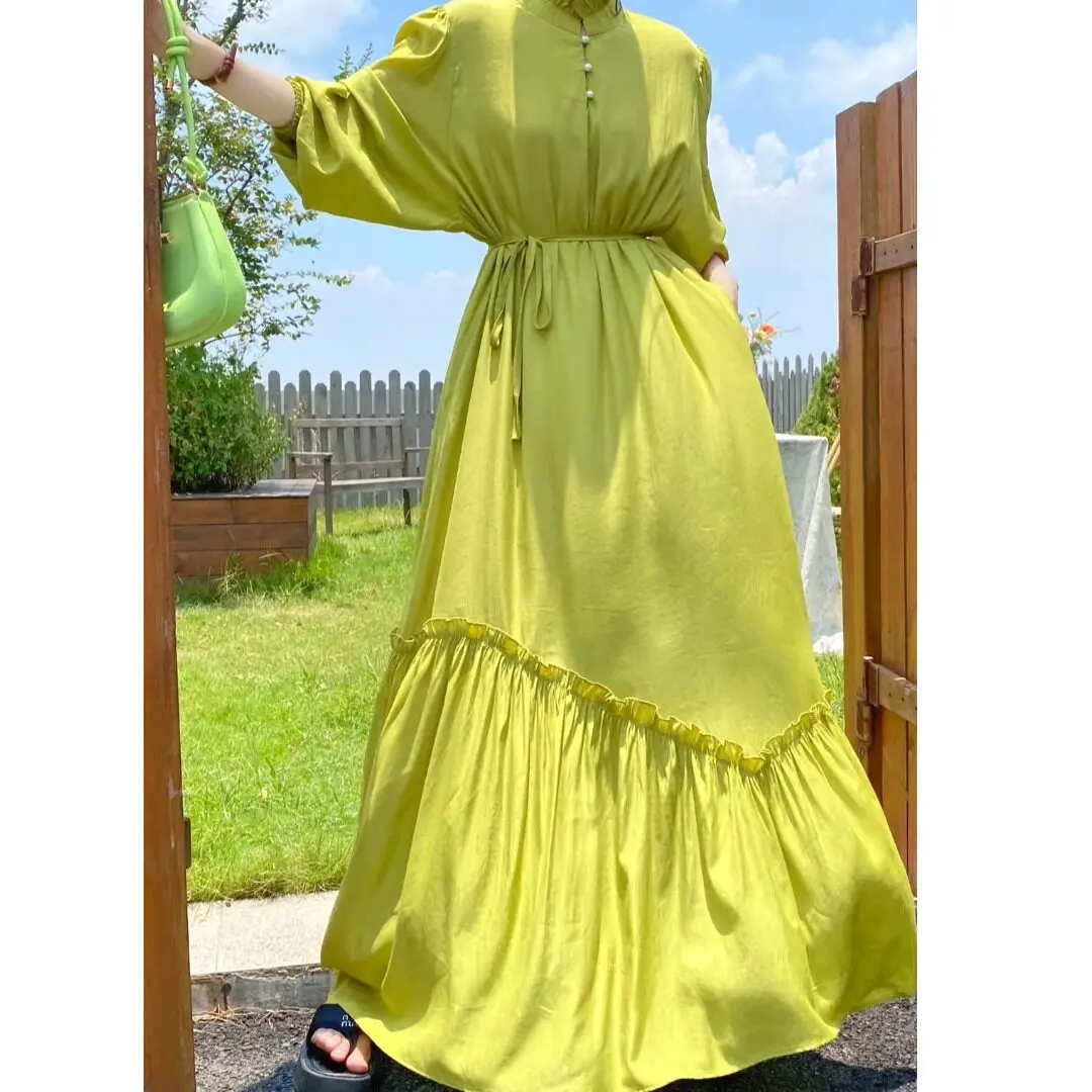 Elegant Yellow Maxi Dress For Women Ruffled Pearl Button Lantern Sleeve Drawstring Waist Tiered Flowy Bohemian Holiday Long Dres