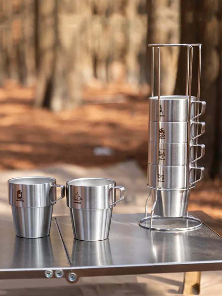 Portable 304 Stainless Steel Camping Coffee Cup Outdoor Camping Water Cup With Handle 300ml Double Layer Anti-Scalding Water Cup