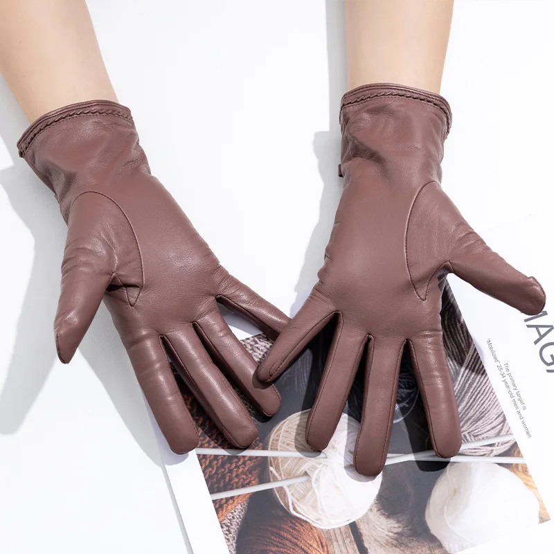 Natural Leather Women's Solid Color Sheepskin Leather Glove Female Bow Thicken Warm Winter Driving Glove