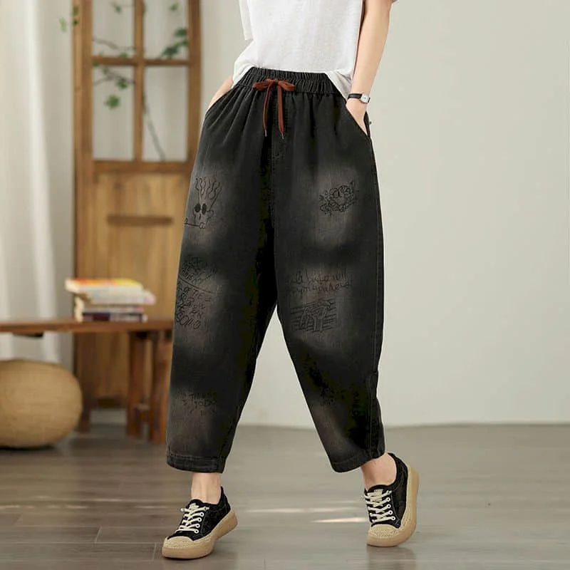 

Cropped Jeans Women Casual Loose Contrast Color Printing Denim Harem Pants Vintage Elastic Waisted Streetwear Women Clothing