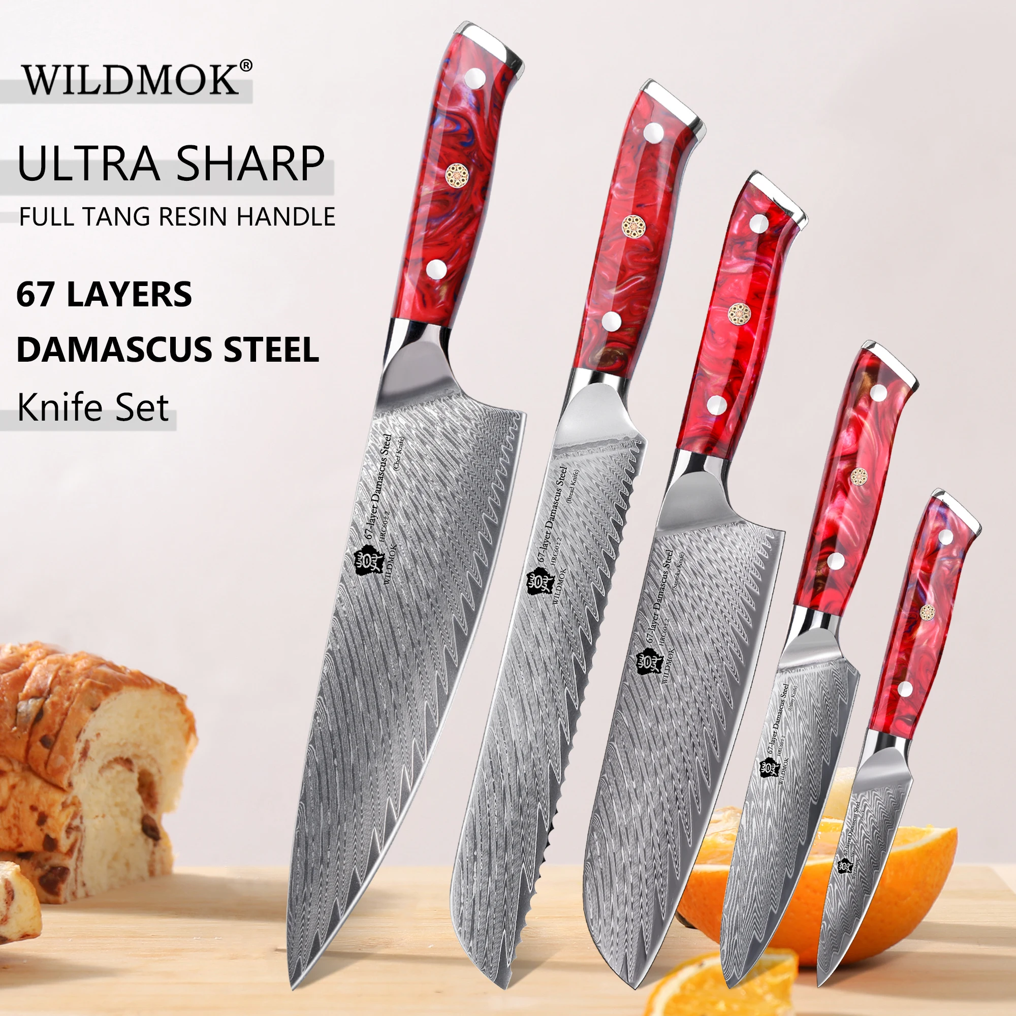 WILDMOK Handmade 5 PCS Damascus Cutlery, Razor Sharp 67 Layer VG10 Core Blade, Exquisite Non-Slip Resin Handle Kitchen Gift Set
