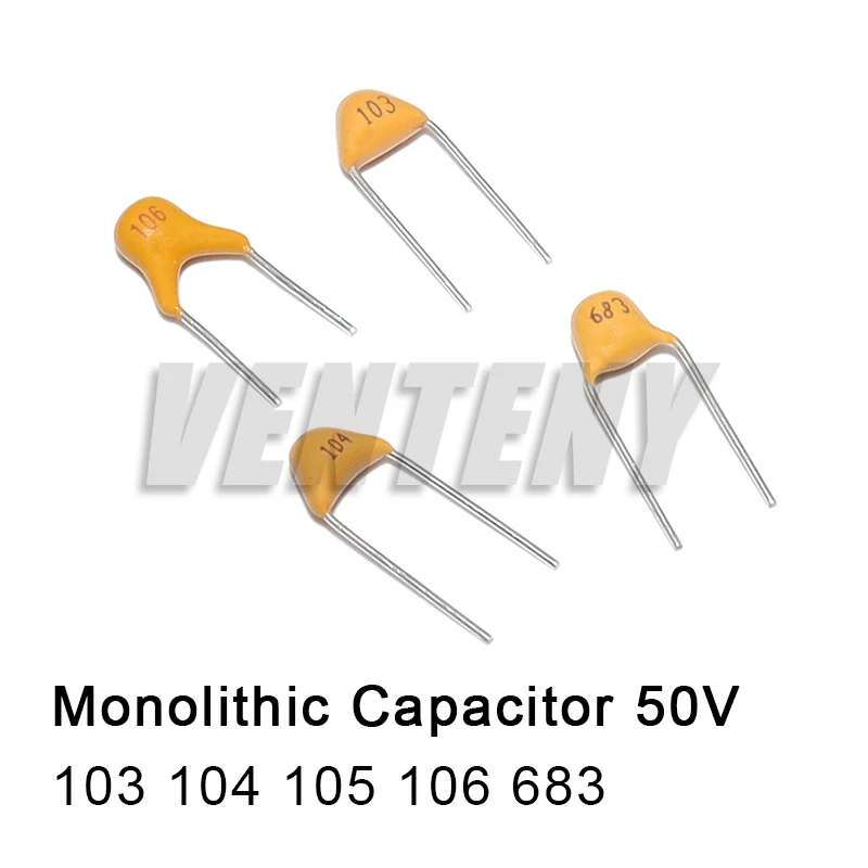 100Pcs/200Pcs 50V monolithic ceramic capacitor P=5.08mm 10PF 22PF 100P 47NF 220NF 1NF 4.7UF 1UF 100NF 330NF 0.1UF 102 104 105
