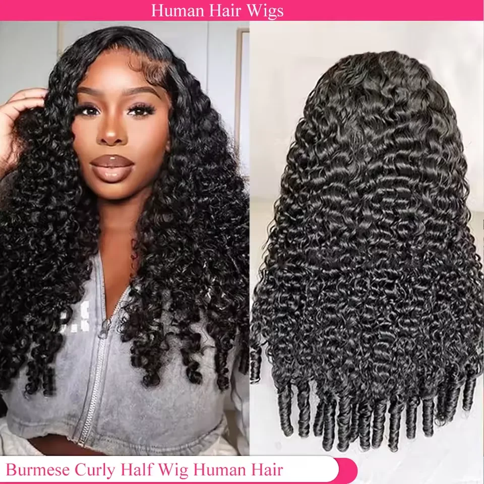 Burmese Curly Half Wig Human Hair Glueless Wig Human Hair Ready to Wear 3 IN 1 Half Wig Drawstring Afro Kinky Curly Half Wig