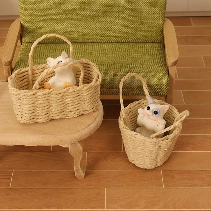 2Pcs/set 1:12 Dollhouse Miniature Kitten Woven Bread Basket Shopping Basket Hand-Woven Vegetable Basket Home Life Scenes Decor