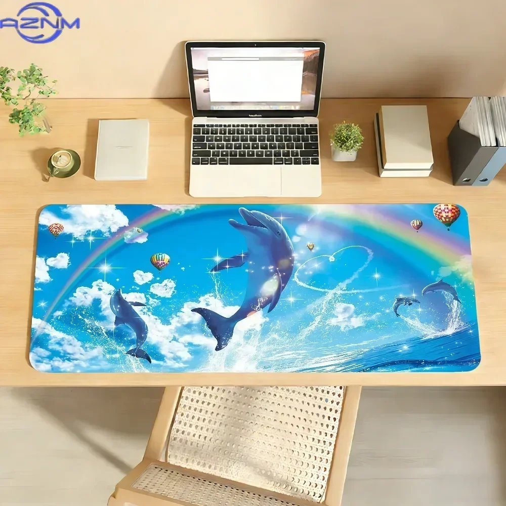 Cute Dolphin Rainbow Sky Cloud Mousepad Rubber Non-Slip Large Desk Mat Sparkle Ocean Animal Hot Air Balloon Pattern Keyboard Pad