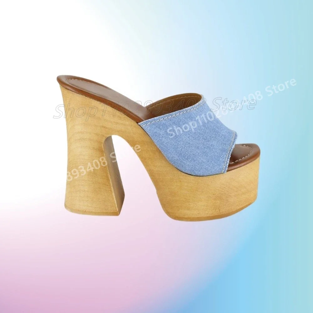 Chunky High Heel Sky Blue Demin Peep Toe Slippers Big Size Platform Elegant 2025 Fashion Sexy Women Shoes Summer Para Mujere