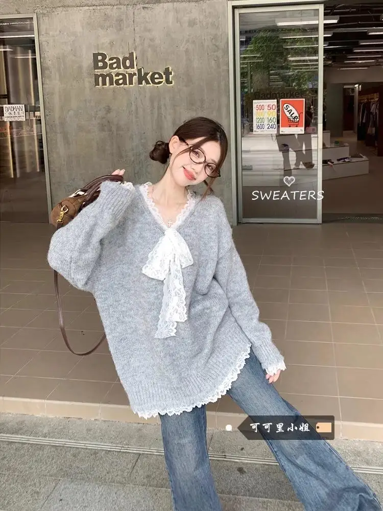 

Свободный женский свитер с длинными рукавами, кружевными вставками и узлами, осенний, вязаный, средней длины, в стиле Lazy Sle