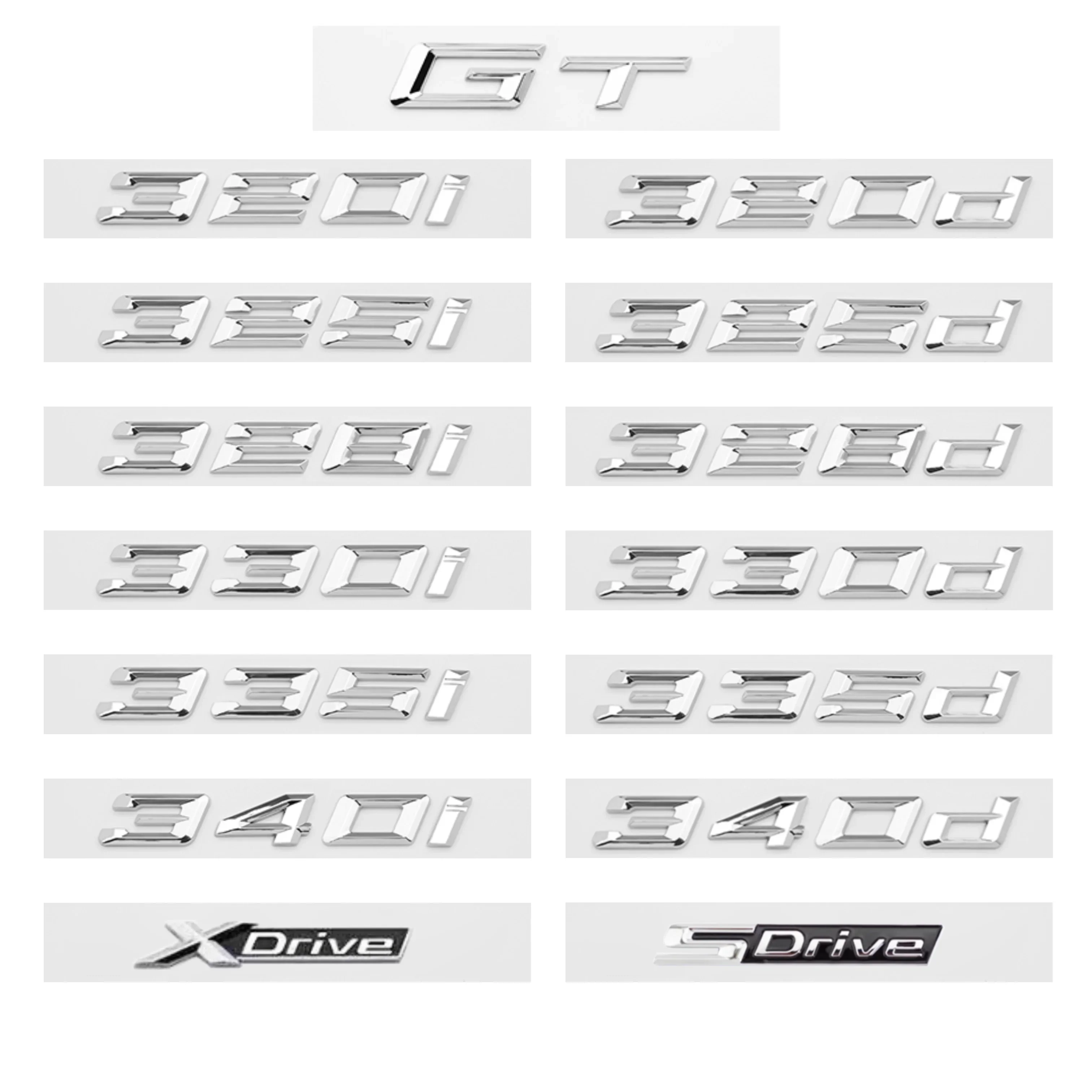 Chrome Silver GT 320i 320d 325i 325d 330i XDrive ABS Numbers Letters Emblem for BMW 3 Series E90 E46 F30 Car Trunk Logo Sticker