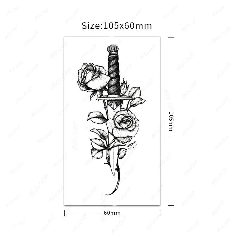 Tattoo Sticker Dagger Sword Bud Rose Flower Element Anime Tatto Body Art Makeup Waterproof Temporary Women and Men