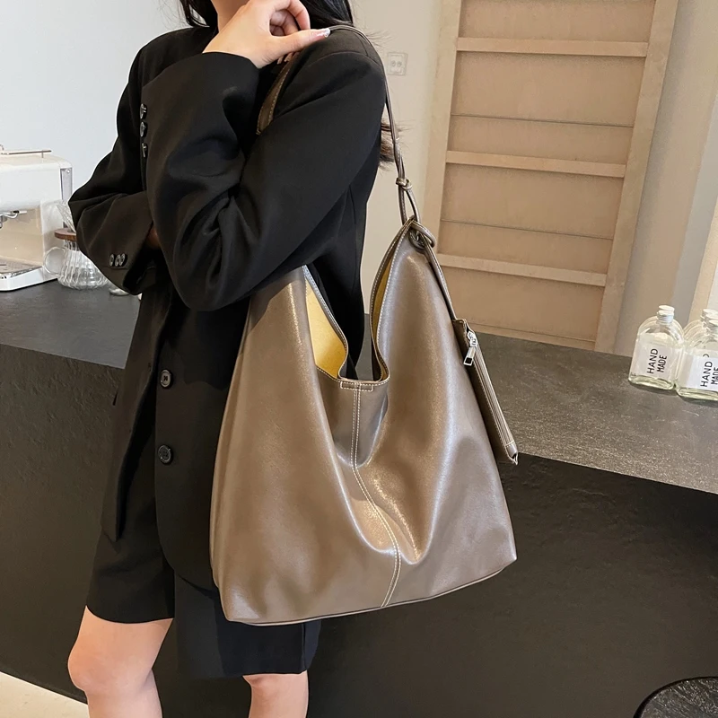 MOODS سعة كبيرة للمتسوقين حمل حقيبة مجموعة للنساء لينة بولي Leather جلد لون نقي 2 في 1 تحت الإبط حقائب الكتف المتشرد مع الحقيبة الصغيرة #5