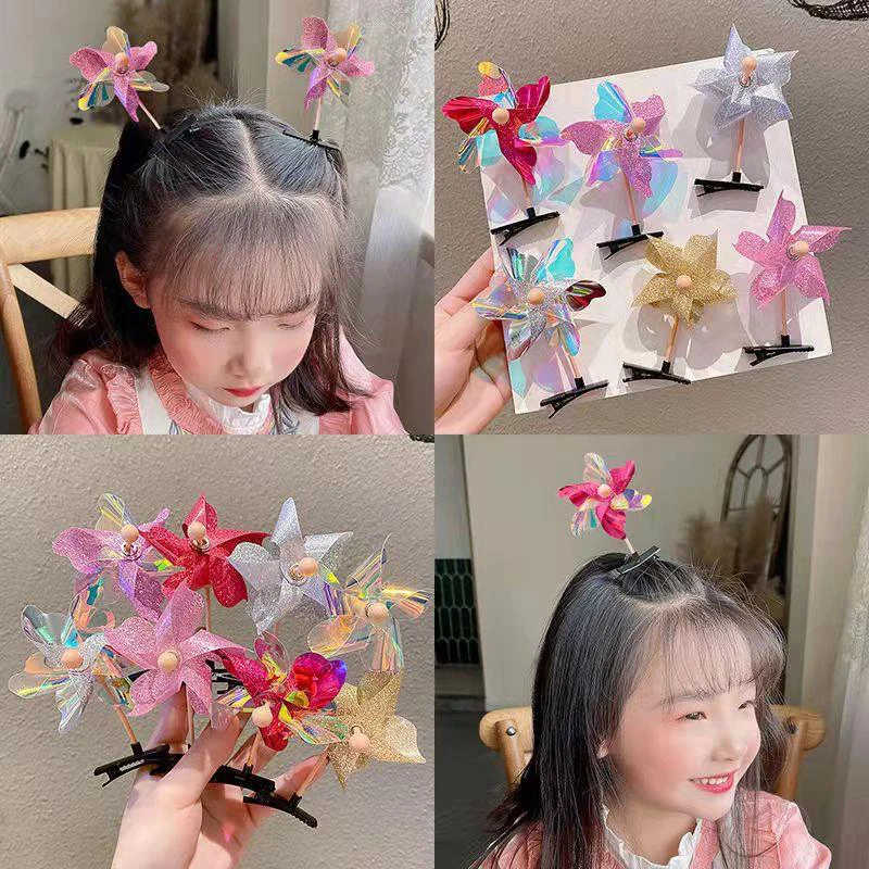 1PC Colorful Windmill Hairpin Rotatable Girls Taking Photo Hair Clip Headdress Children Barrettes Headwear New Year Xmas Gifts