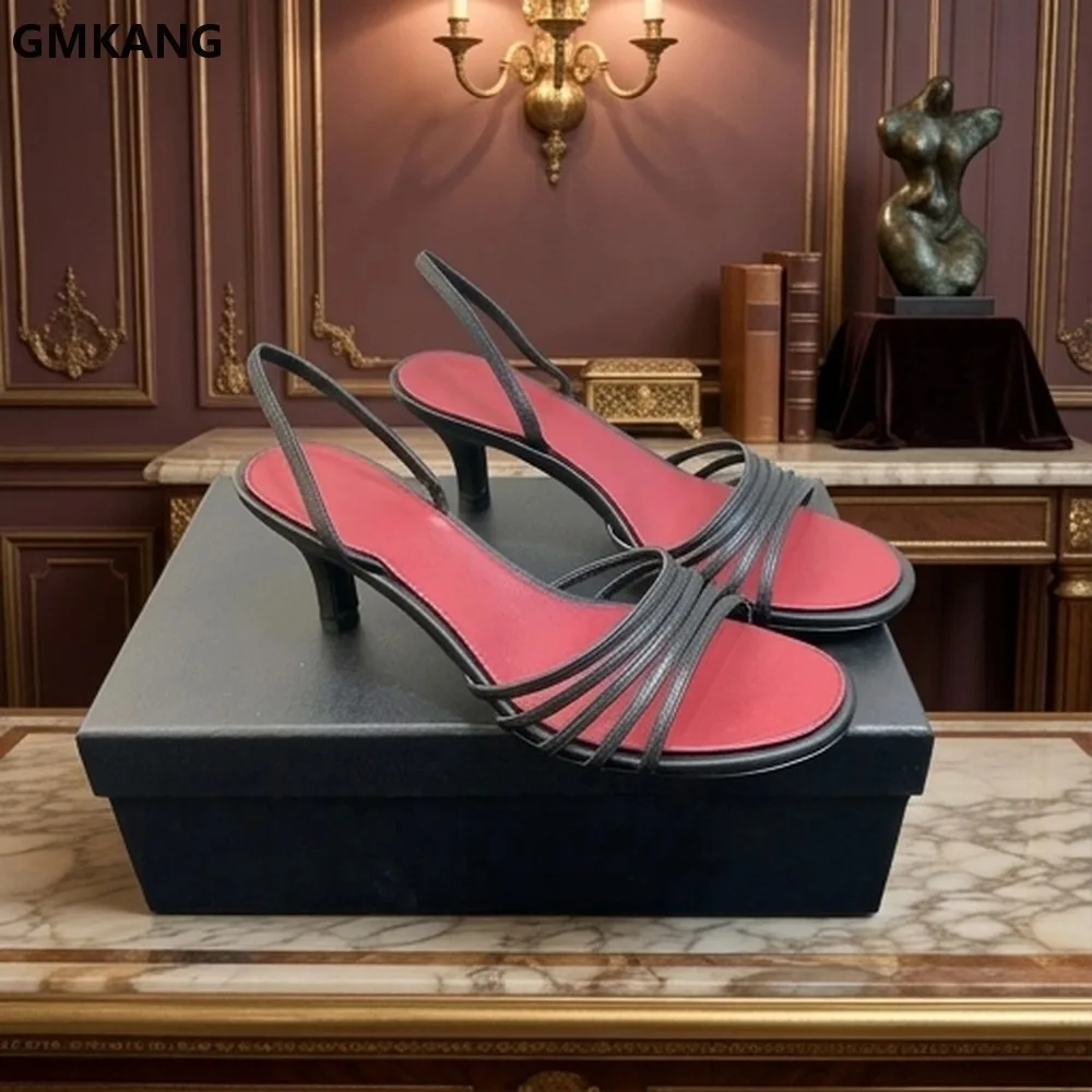 2026 Women Genuine Leather Slingback Sandals Med Heels Black Multi Thin Strap Party Dress Shoes Comfortable Walking