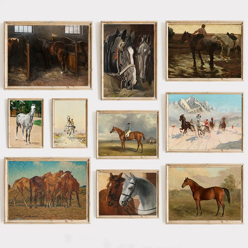 Retro Middle Ages Antique Posters Horse Animals Landscape Prints Canvas Painting Wall Art Pictures for Living Room Home Decor
